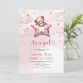 Teddy Bär mit Stern Kissen Mädchen Dusche Einladung (Stehend Vorderseite)