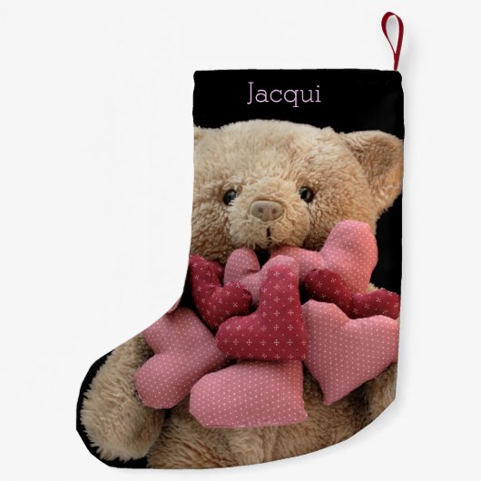 Teddy Bär mit Stoffherzen Kleiner Weihnachtsstrumpf (Rückseite)