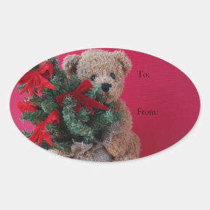 Teddy Bär mit Weihnachtsbaum Ovaler Aufkleber