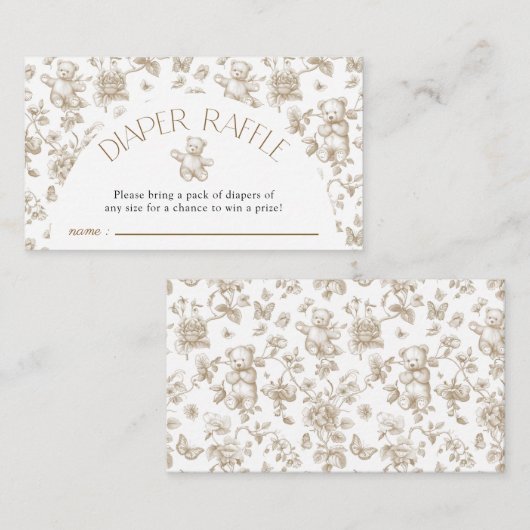 Teddy Bär Neutral Toile Diaper Raffle Baby Dusche Begleitkarte (Vorne/Hinten)