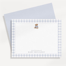 Teddy-Bär-Notizkarte mit blauem Gingham im präppy-
