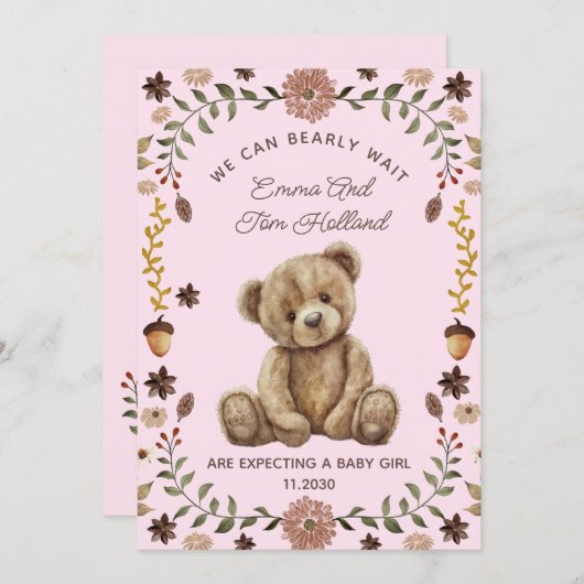 Teddy Bar Pregnancy Pink Girl Ankündigung (Vorne/Hinten)