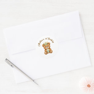 Teddy-Bär-Prinz 1. Geburtstags-Aufkleber für Junge Runder Aufkleber
