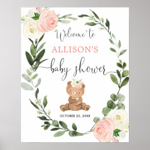 Teddy Bär rosa Blütendusche Begrüßungszeichen Poster