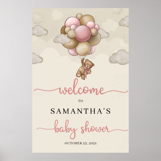 Teddy Bär rosa braune Ballons Baby Begrüßungszeich Poster (Vorne)
