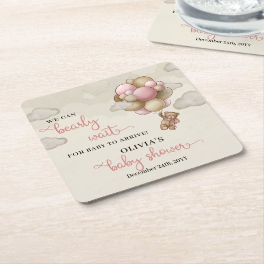 Teddy Bär rosa braune Elfenbeinballons Babydusche Rechteckiger Pappuntersetzer (angewinkelt)