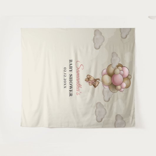 Teddy Bär rosa braune Elfenbeinballons im Hintergr Wandteppich (Vorderseite (Horizontal))