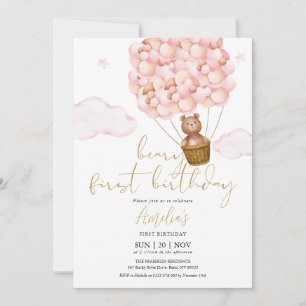 Teddy-Bär Rosa Luftballons 1. Geburtstagsfeier Einladung