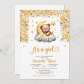 Teddy Bär schlafend Gelbe Blume Mädchen Dusche Einladung (Vorne/Hinten)