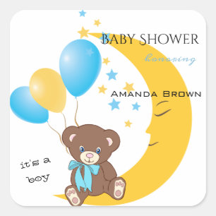 Teddy Bär sitzt auf dem Mond   Baby Boy Dusche Quadratischer Aufkleber