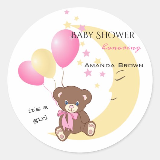 Teddy Bär sitzt auf dem Mond | Baby Girl Shower Runder Aufkleber (Vorderseite)