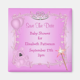Teddy-Bär u. Tiara-rosa Baby-Dusche Save the Date Magnet