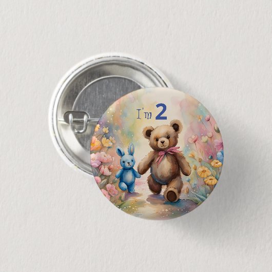 Teddy Bär und Bunny im Pastellgarten Button (Vorne & Hinten)