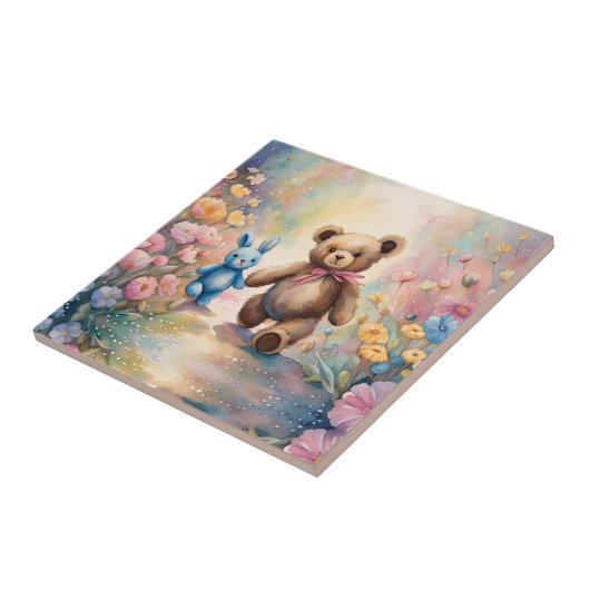 Teddy Bär und Bunny im Pastellgarten Fliese (Seite)