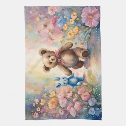 Teddy Bär und Bunny im Pastellgarten Geschirrtuch (Vertikal)