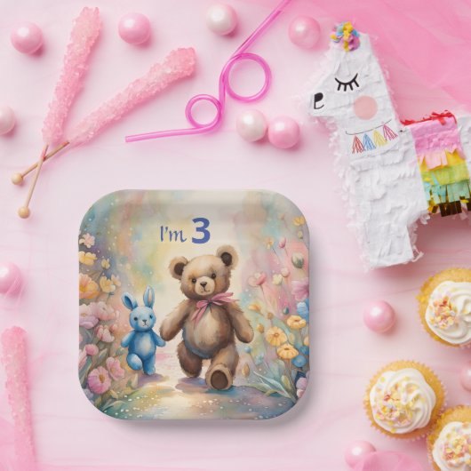 Teddy Bär und Bunny im Pastellgarten Pappteller (Party)