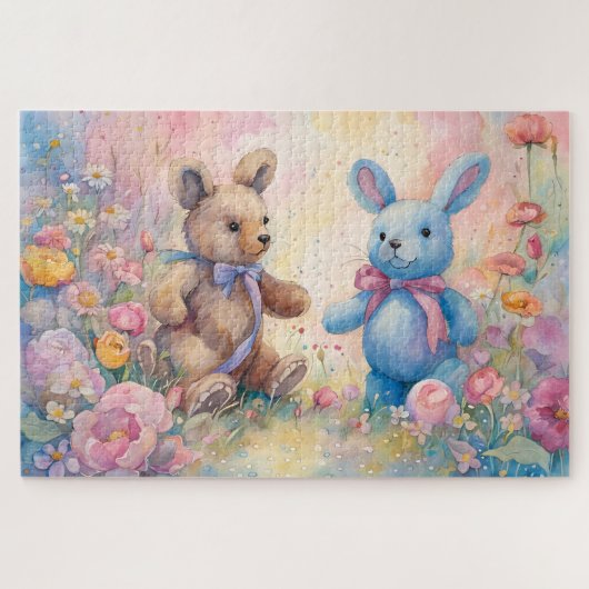 Teddy Bär und Bunny im Pastellgarten Puzzle (Horizontal)