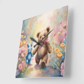 Teddy Bär und Bunny im Pastellgarten Quadratische Wanduhr (Winkel)