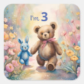 Teddy Bär und Bunny im Pastellgarten Quadratischer Aufkleber (Vorderseite)