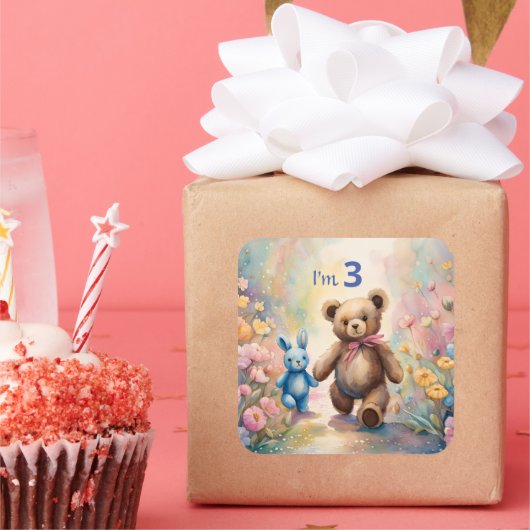 Teddy Bär und Bunny im Pastellgarten Quadratischer Aufkleber (Party)