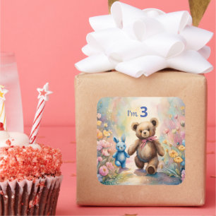 Teddy Bär und Bunny im Pastellgarten Quadratischer Aufkleber