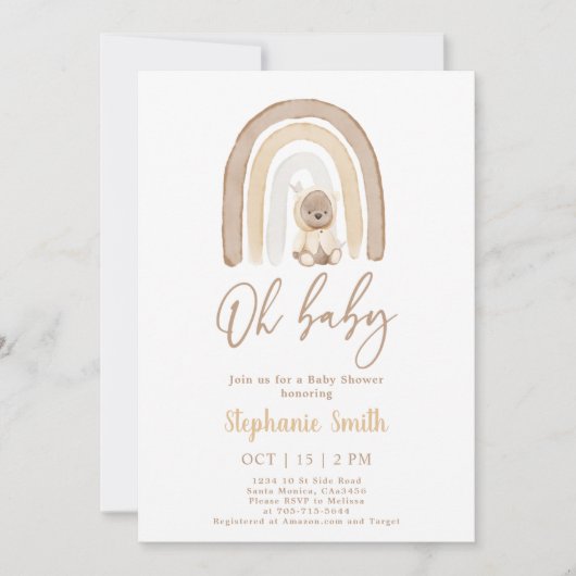 Teddy Bär und Rainbow Baby Dusche Einladung (Vorderseite)