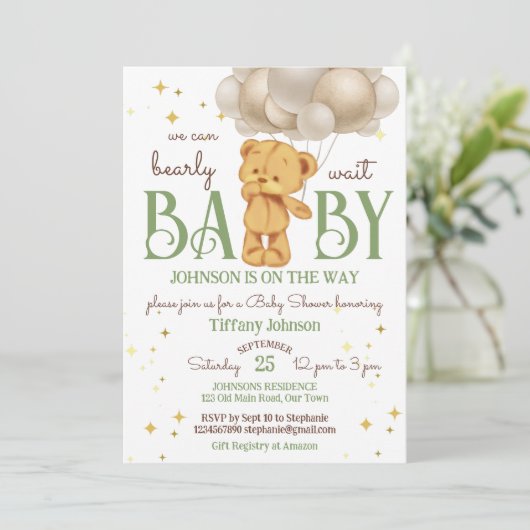 Teddy Bär warten grünbraune Babydusche Einladung (Stehend Vorderseite)