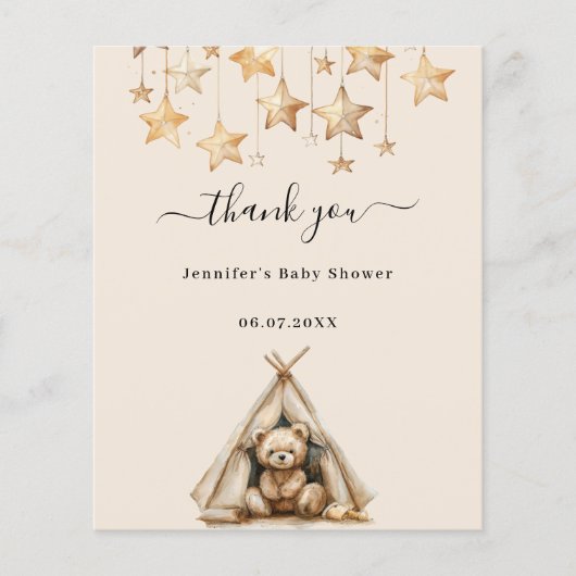 Teddy Bär Zelt Beige Babydusche Danke Karte (Vorderseite)