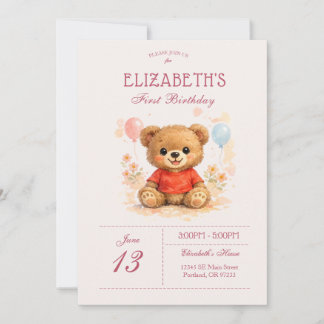 Teddy Bär zum ersten Geburtstag Korallen Blumen Einladung