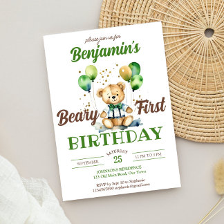 Teddy Bär zum ersten Geburtstag Party grün braun Einladung