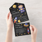 Teddy Bären Astronaut Black Baby Dusche im Außenra All In One Einladung (Abreißen)