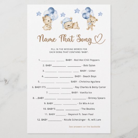 Teddy Bären Baby Dusche Name That Song (Vorderseite)