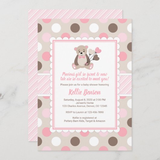 Teddy Bären Babydusche Einladung Mädchen pinkbraun (Vorne/Hinten)