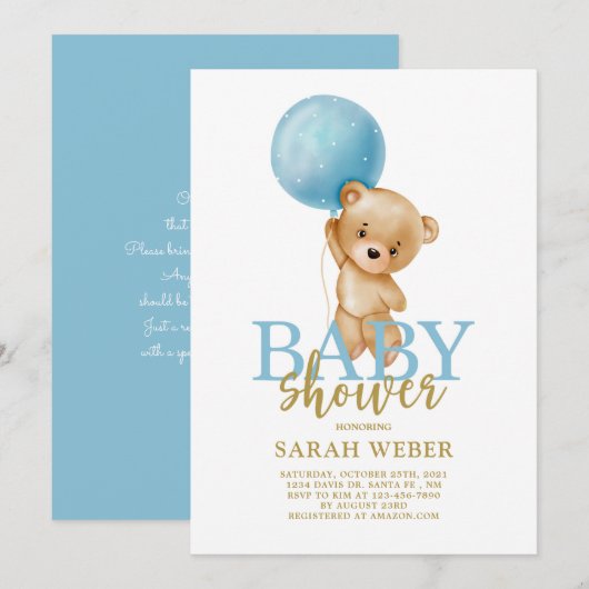 Teddy Bären Ballon Babydusche Einladung (Vorne/Hinten)