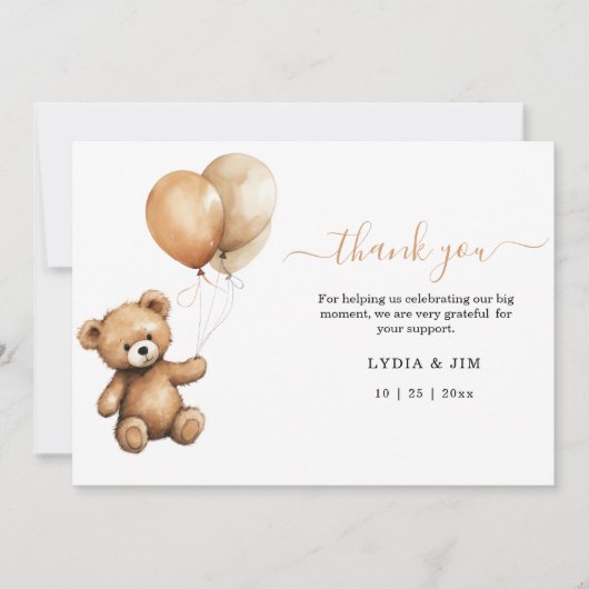 Teddy Bären Balloons Babydusche Geschlecht neutral Dankeskarte (Vorderseite)
