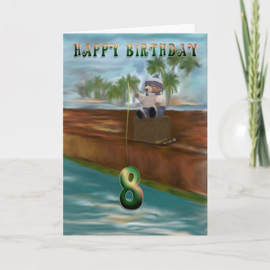 Teddy Bären Fischen 8. Happy Birthday Karte (Vorderseite)