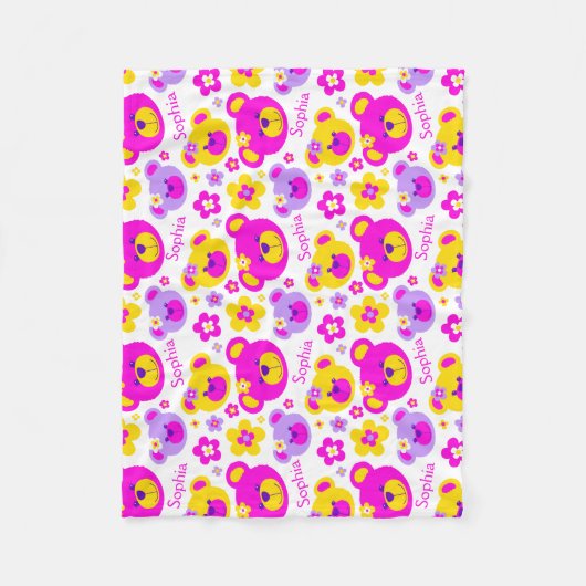 Teddy Bären Gesichter und Blume individuelle Name  Fleecedecke (Vorderseite)