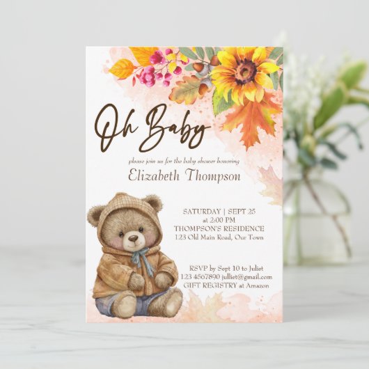 Teddy Bären Herbst Blätterdusche Baby Einladung (Stehend Vorderseite)