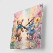 Teddy Bären in einem Pastelgarten Quadratische Wanduhr (Winkel)