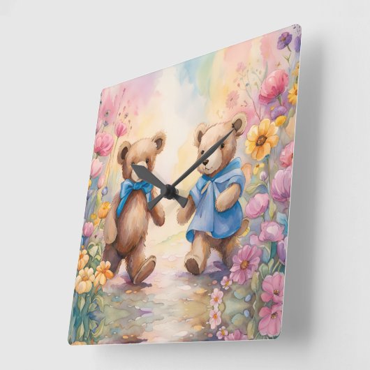 Teddy Bären in einem Pastelgarten Quadratische Wanduhr (Winkel)