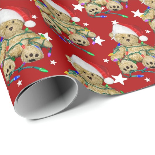 Teddy Bären in Weihnachtsbeleuchtung Geschenkpapier (Rolleneckpunkt)