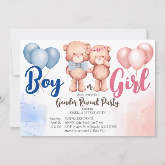 Teddy Bären Junge oder Mädchen Geschlecht zeigen B Einladung (Vorderseite)