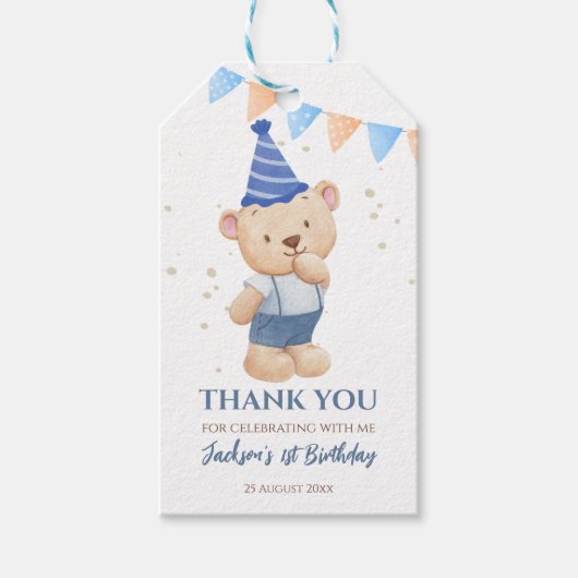 Teddy Bären Jungs Geburtstag Danke personalisiert Geschenkanhänger (Vorderseite)