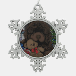 Teddy Bären Newfundland Welpenhund Schneeflocken Zinn-Ornament