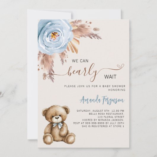 Teddy Bären Pampelgras Blue Baby Dusche Einladung (Vorderseite)
