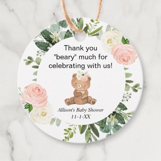 Teddy Bären rosa Blumenmädchen Babydusche Danke Geschenkanhänger (Vorderseite)