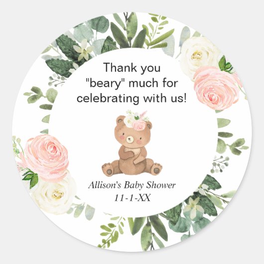 Teddy Bären rosa Blumenmädchen Babydusche Danke Runder Aufkleber (Vorderseite)