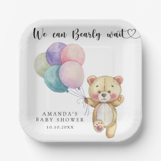 Teddy Bärenballons - wir können schon warten Pappteller (Vorderseite)