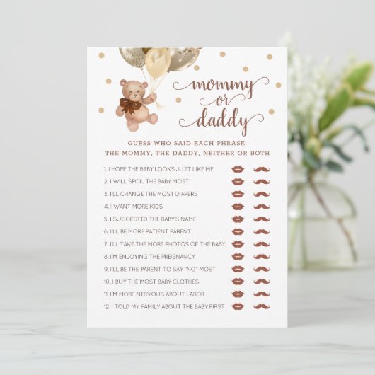 Teddy Bärenkarte für Mama oder Daddy Game Einladung (Stehend Vorderseite)