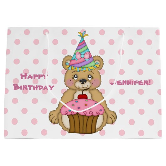 Teddy-Bärn-Kuchen-Rosa personalisiert Große Geschenktüte (Vorderseite)